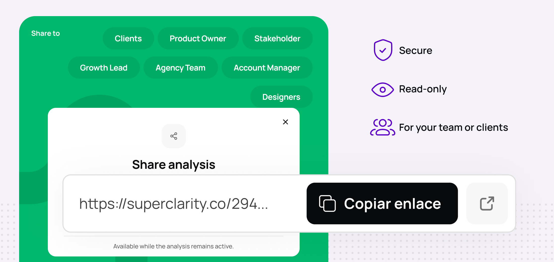 Enlace seguro de solo lectura para compartir un análisis de Super Clarity con equipos o clientes.